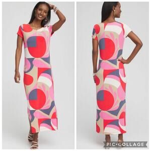 Chico’s Travelers Classic Geometric Abstract Maxi Dress Small Acetate Blend